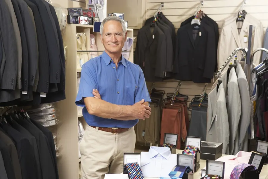 Winkelier in zijn kledingwinkel